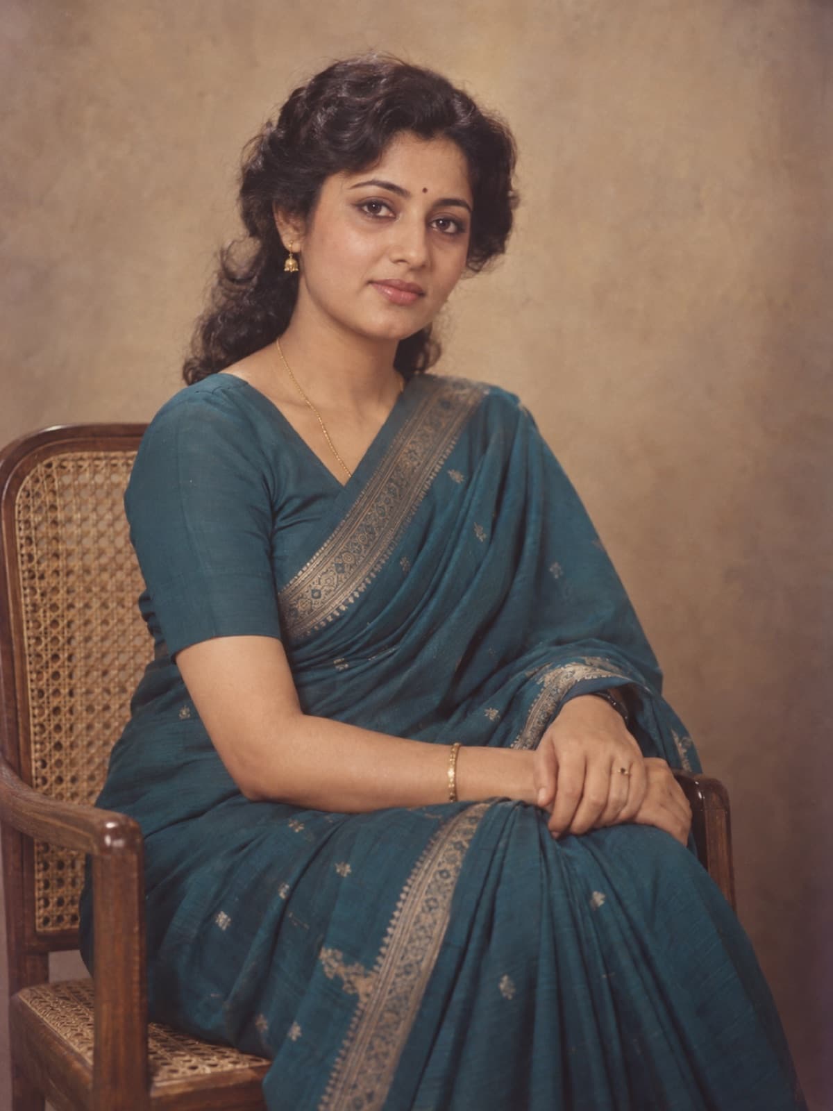 AI-generated example of a South Asian woman seated in a teal saree for an authentic mid-1980s studio portrait