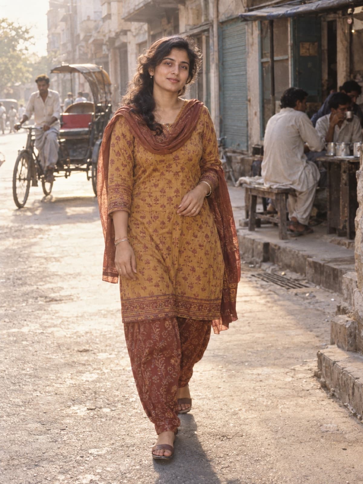 AI-generated example of a South Asian woman in a printed shalwar kameez walking along a softly faded 1980s city street